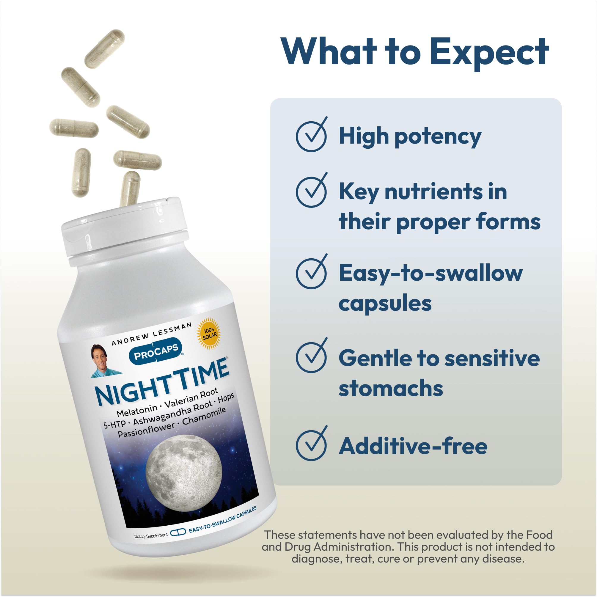 ANDREW LESSMAN Night Time 360 capsules label highlights natural sleep aids