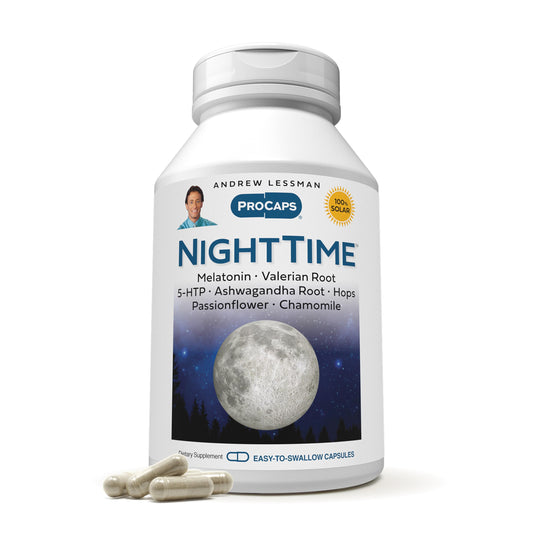 Andrew Lessman Night Time bottle closeup for gentle sleep support.