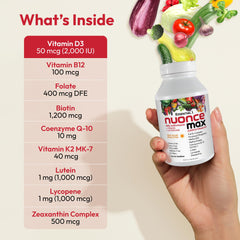 Nuoncemax label highlights 100 mcg methyl B12 for daily nutrient support.
