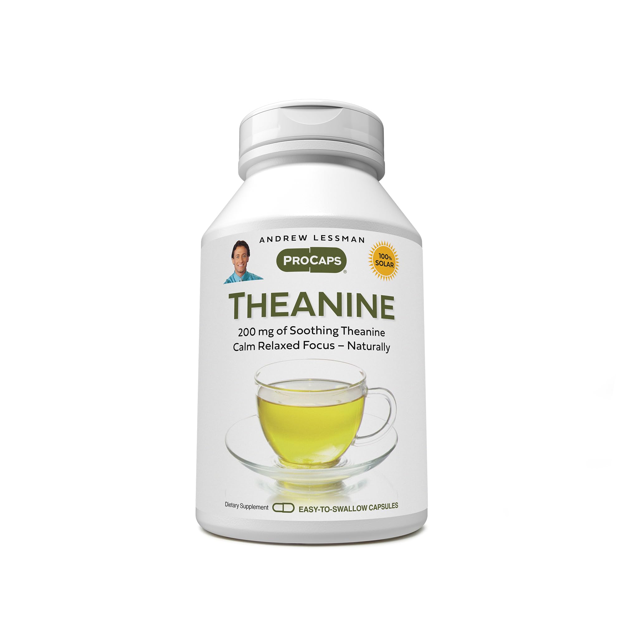 Andrew Lessman Theanine 200 mg bottle shows calm, focused energy without drowsiness