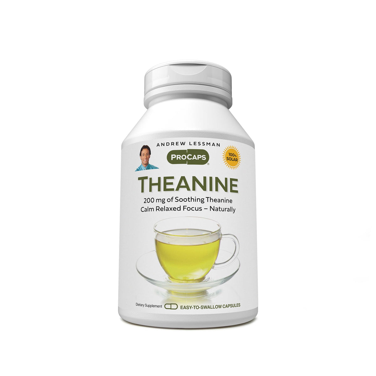 Andrew Lessman Theanine 200 mg bottle shows calm, focused energy without drowsiness