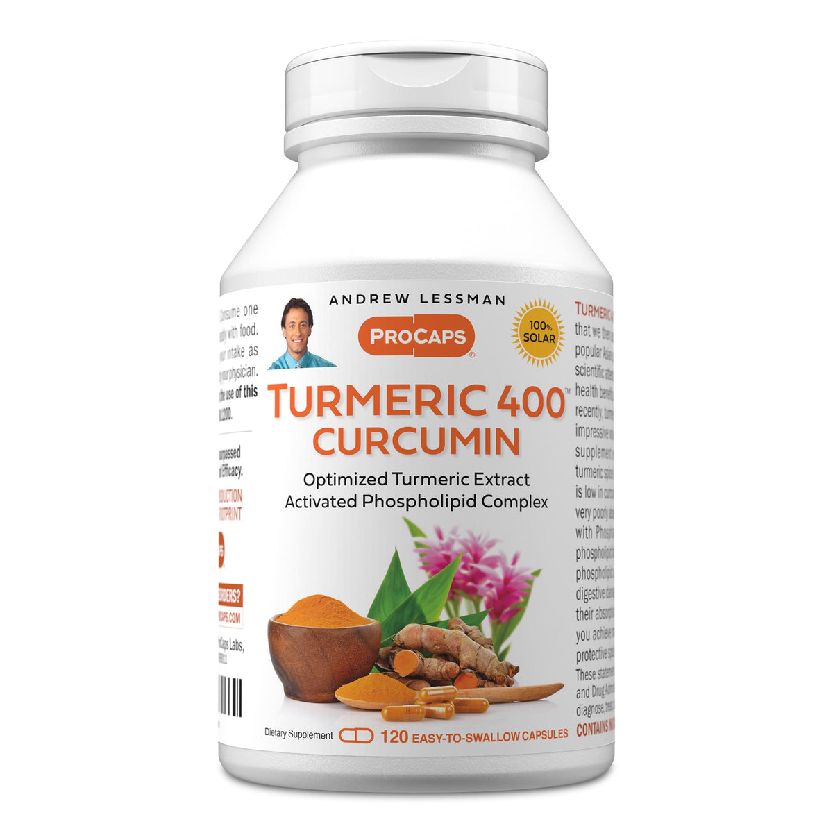 Andrew Lessman Turmeric 400mg bottle front with easy-to-swallow capsules for daily wellness routines.