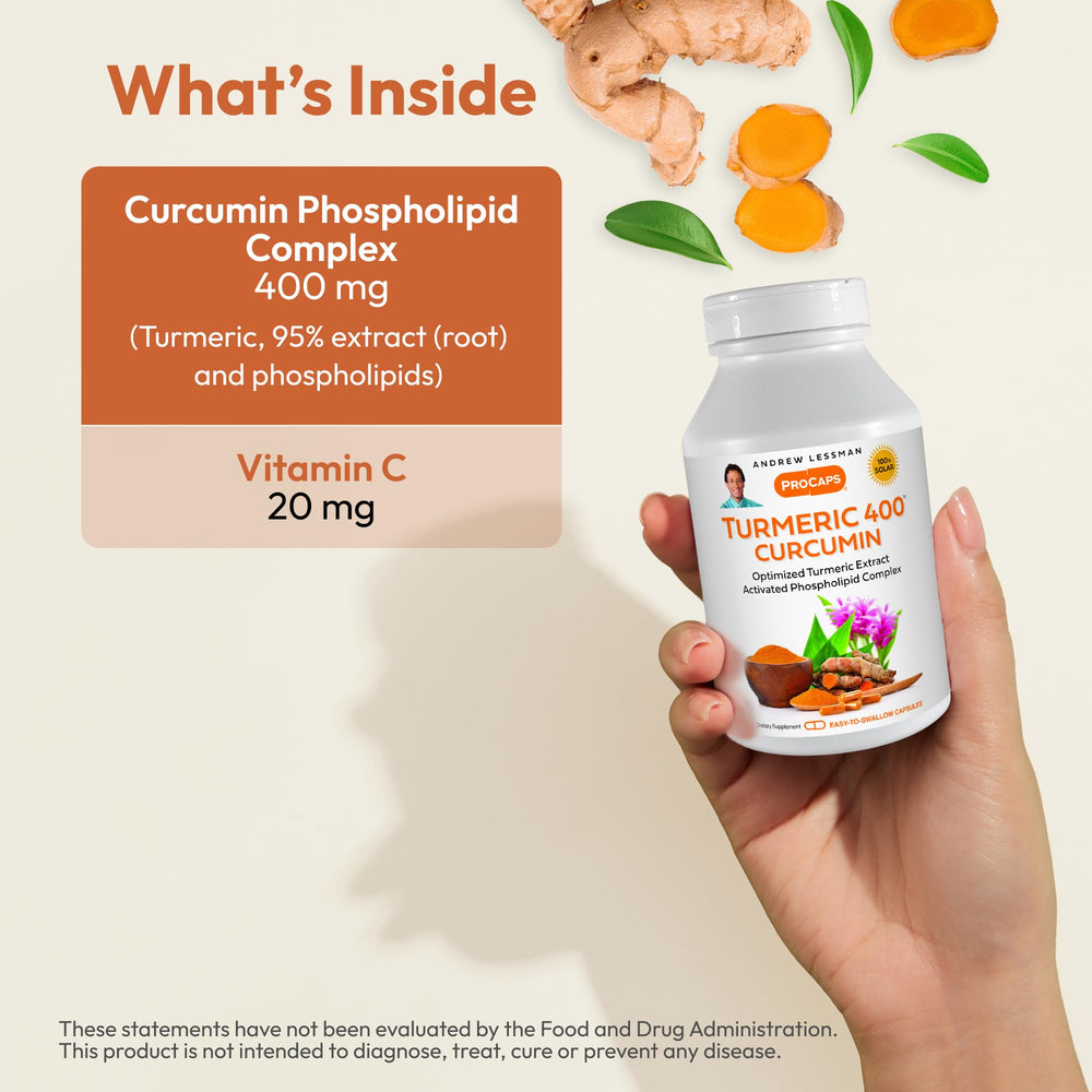 Andrew Lessman Turmeric 400mg bottle pouring capsules for easy daily use.