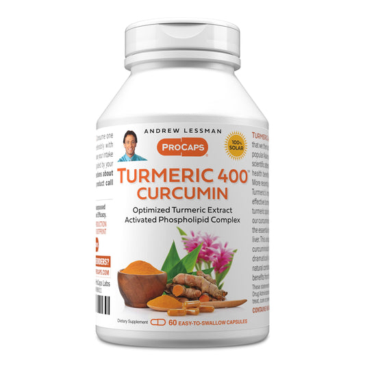 ANDREW LESSMAN Turmeric 400mg bottle for daily support with bio-available phospholipid complex.
