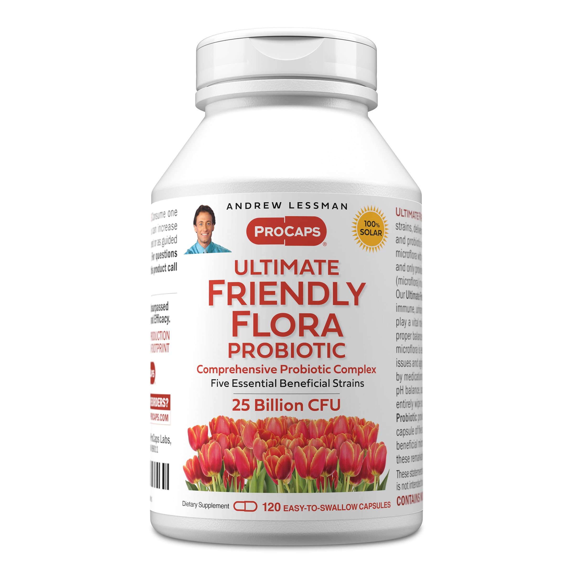 Andrew Lessman Ultimate Friendly Flora bottle showing five probiotic strains for daily balance.