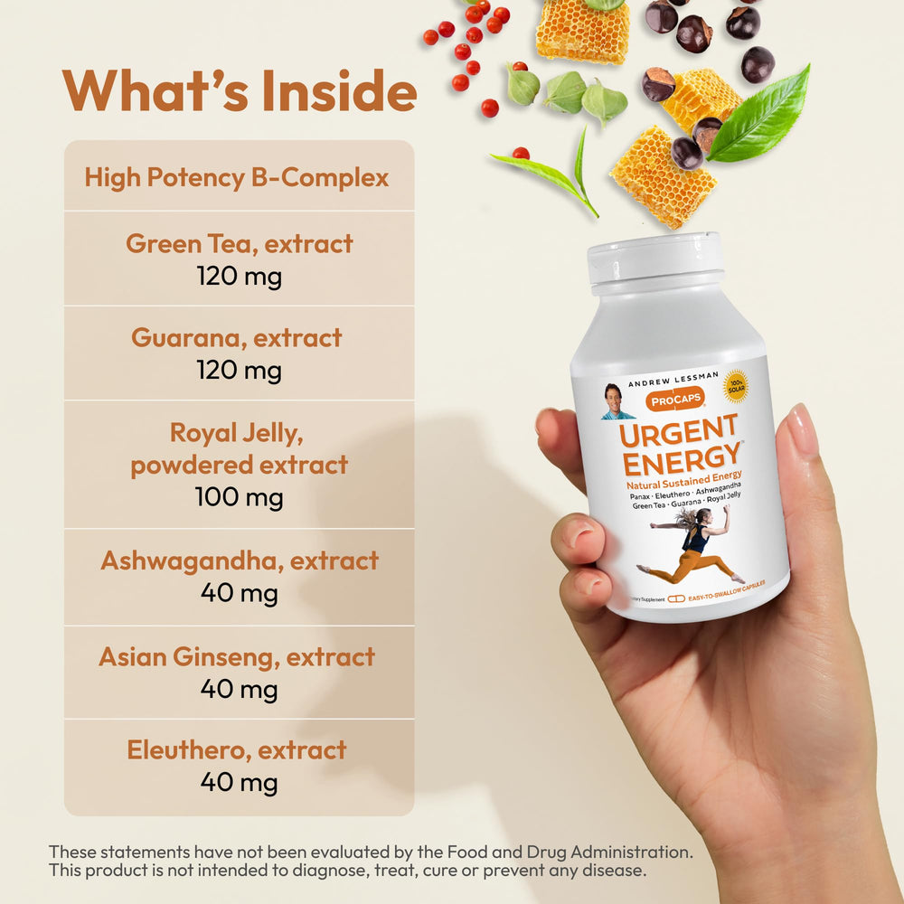 Andrew Lessman Urgent Energy 360 capsules in hand for convenient daily use.