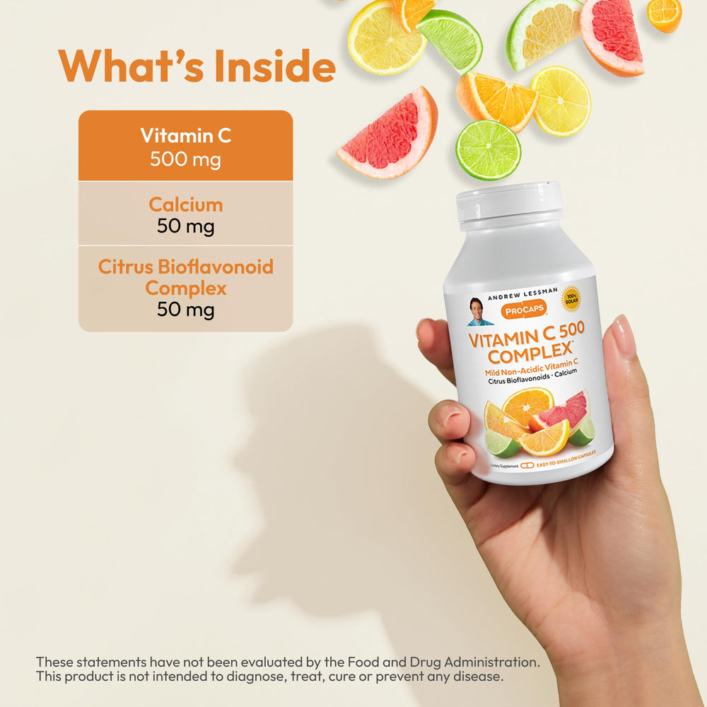 Citrus bioflavonoids alongside ANDREW LESSMAN Vitamin C 500 Complex for better nutrient utilization.