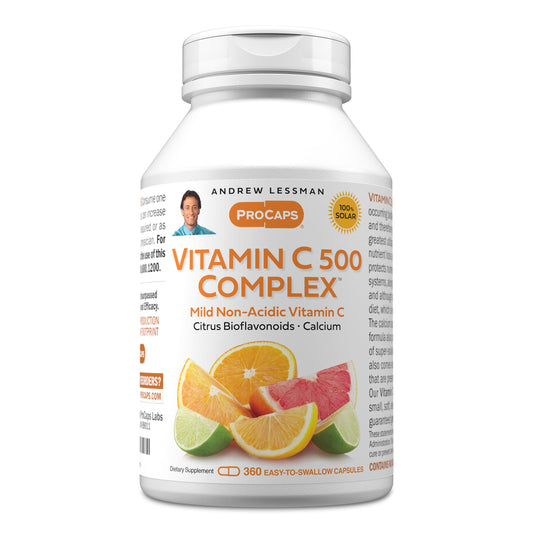 ANDREW LESSMAN Vitamin C 500 Complex bottle on the counter highlights gentle, non-acidic immune support.