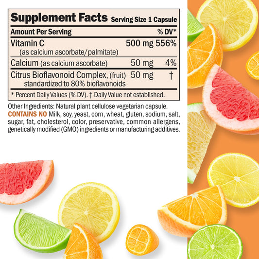 Close-up of Andrew Lessman Vitamin C 500 Complex capsules, small and easy to swallow