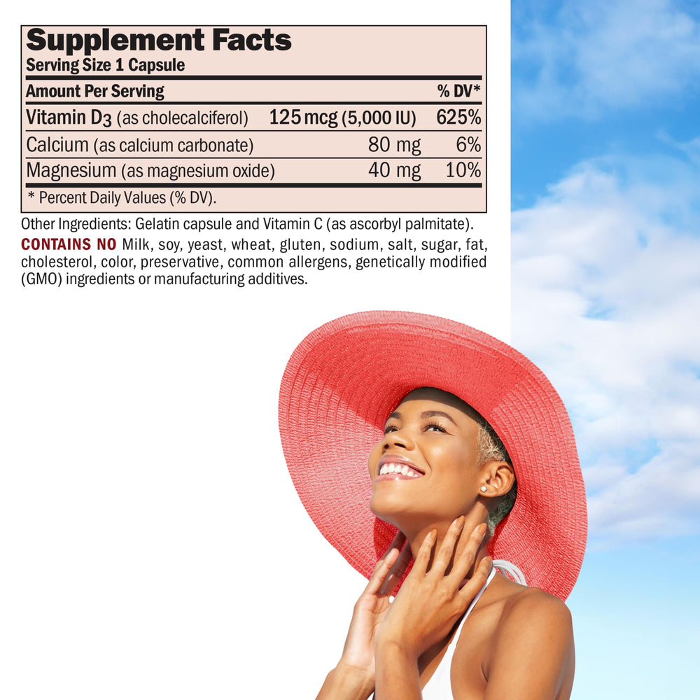 Close-up of Andrew Lessman Vitamin D3 5000 IU capsules for easy daily supplementation.