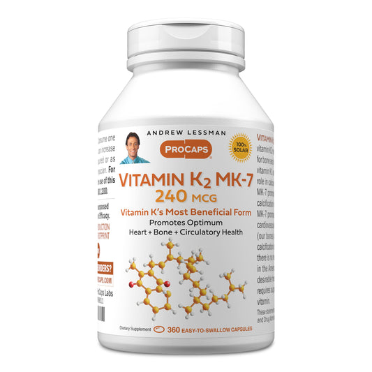 ANDREW LESSMAN Vitamin K2 MK7 bottle with 360 softgels for calcium utilization.