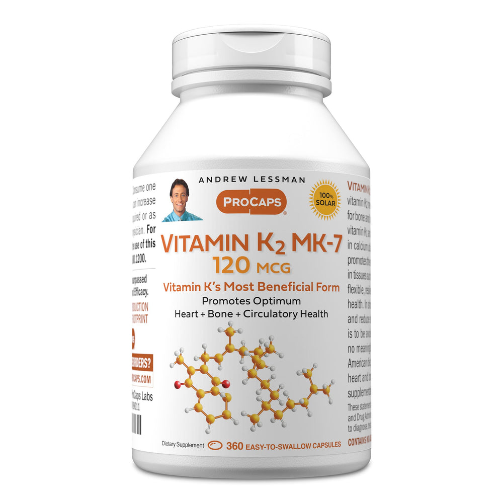 Andrew Lessman Vitamin K2 MK7 bottle front with small softgels may support calcium utilization.
