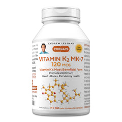 Andrew Lessman Vitamin K2 MK7 bottle front with small softgels may support calcium utilization.