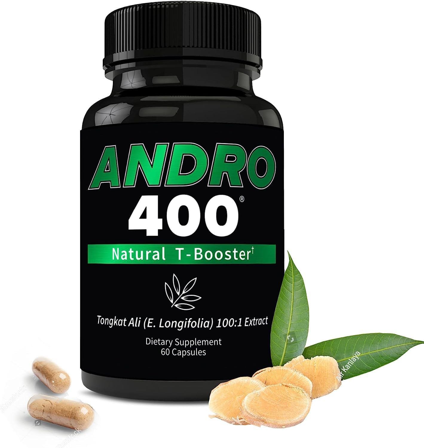 Andro400 bottle and capsules show the traditional Tongkat Ali formula for daily energy.