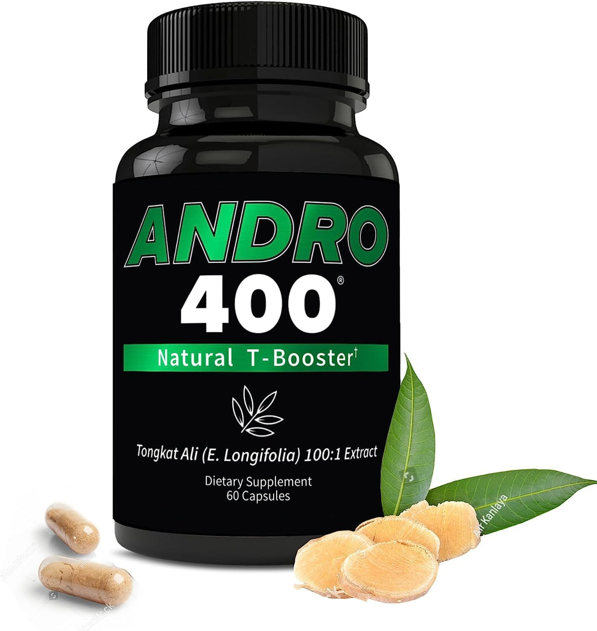 Andro400 bottle and capsules show the traditional Tongkat Ali formula for daily energy.