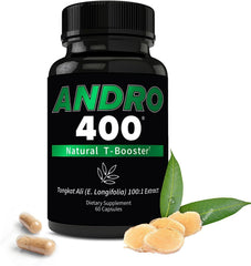 Andro400 bottle and capsules show the traditional Tongkat Ali formula for daily energy.