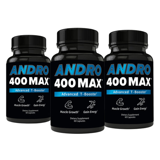 Andro400 Max bottle front view promoting daily vitality and focus.
