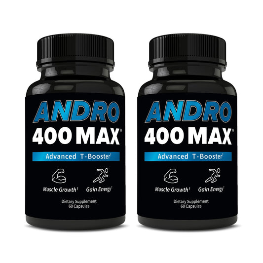 Andro400 Max Advanced T-Support Nitric Oxide Booster bottle promotes energy and circulation.