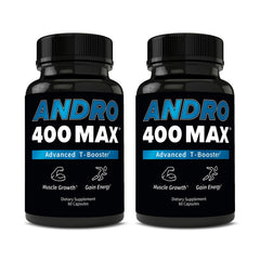 Andro400 Max Advanced T-Support Nitric Oxide Booster bottle promotes energy and circulation.