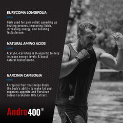 Andro400 Ultra Max T Acetyl-L-Carnitine pill visuals imply endurance and cellular energy