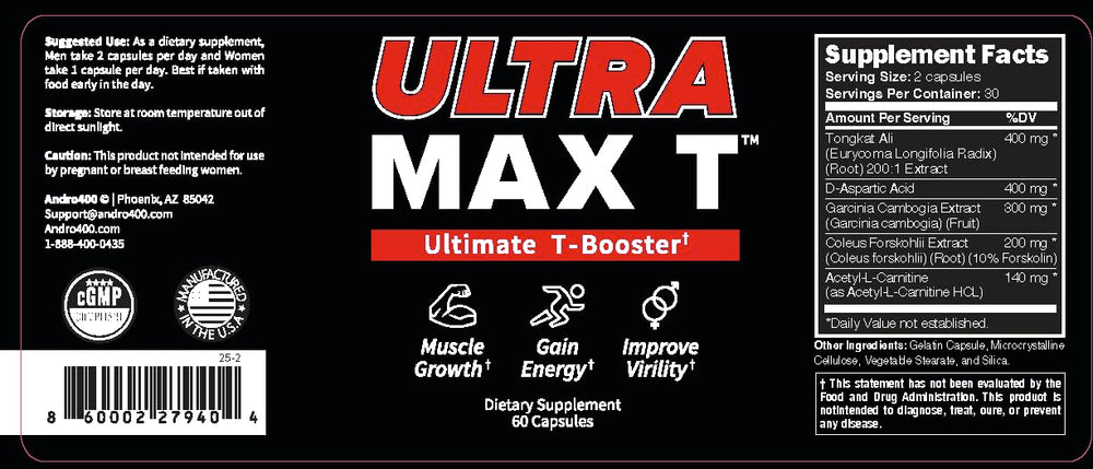 Andro400 Ultra Max T ingredients panel, features 200:1 Tongkat Ali potency.
