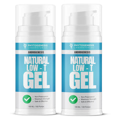 Androgenesis natural low-t support gel bottle front with blue label for energy support.