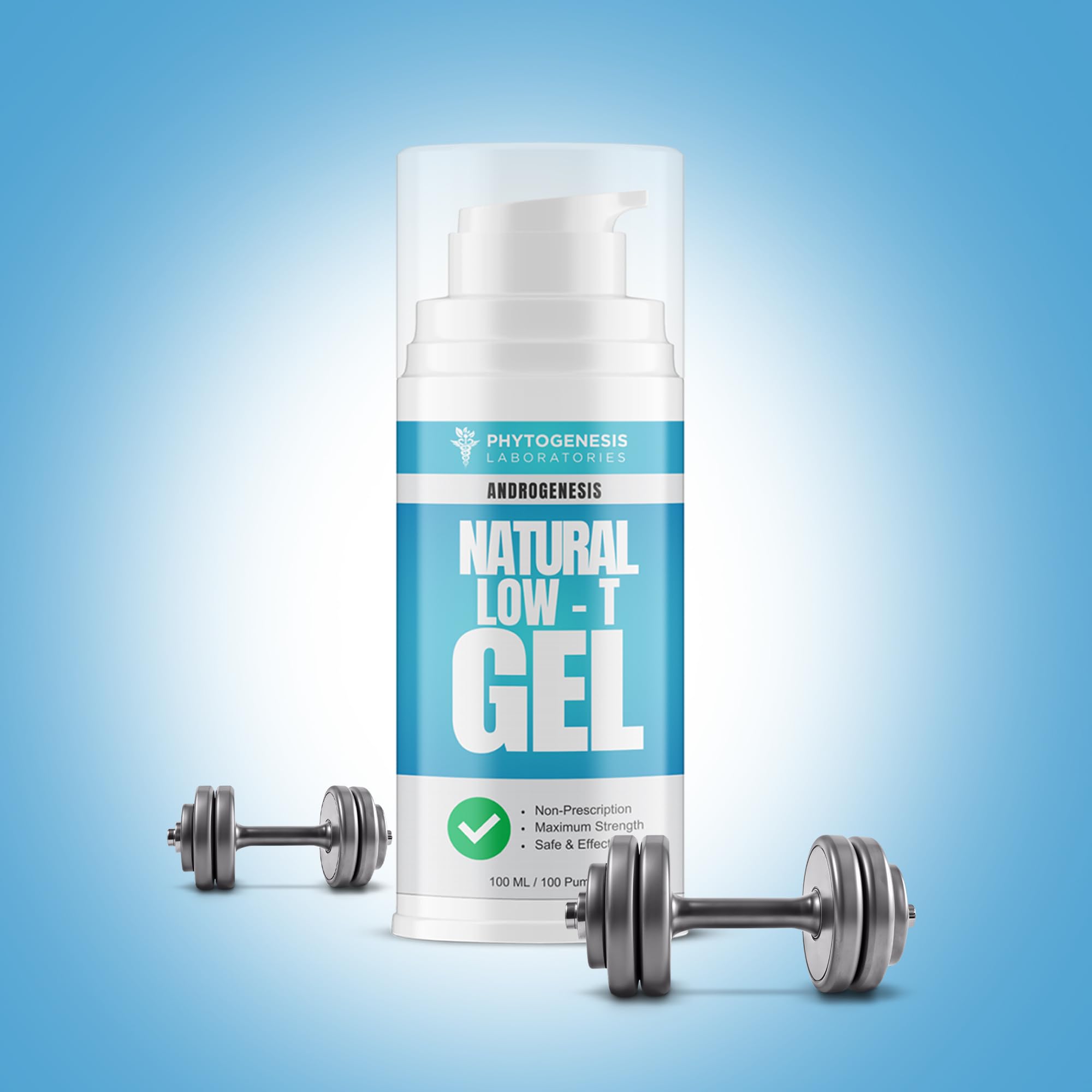 Androgenesis natural low-t support gel bottle emphasizes energy and focus benefits.