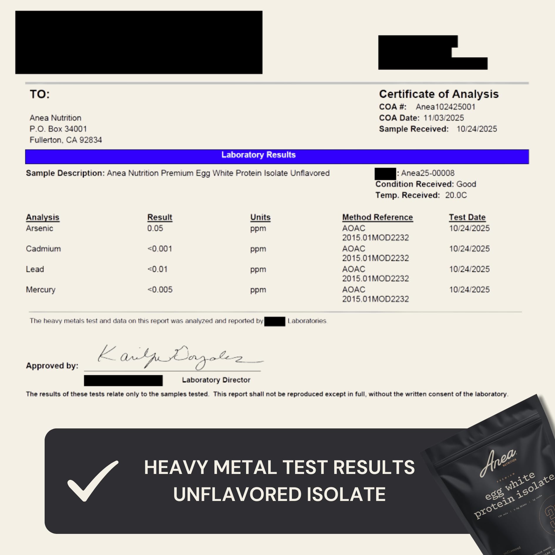 Anea Egg White Protein Isolate GMP facility badge: trusted manufacturing standards.