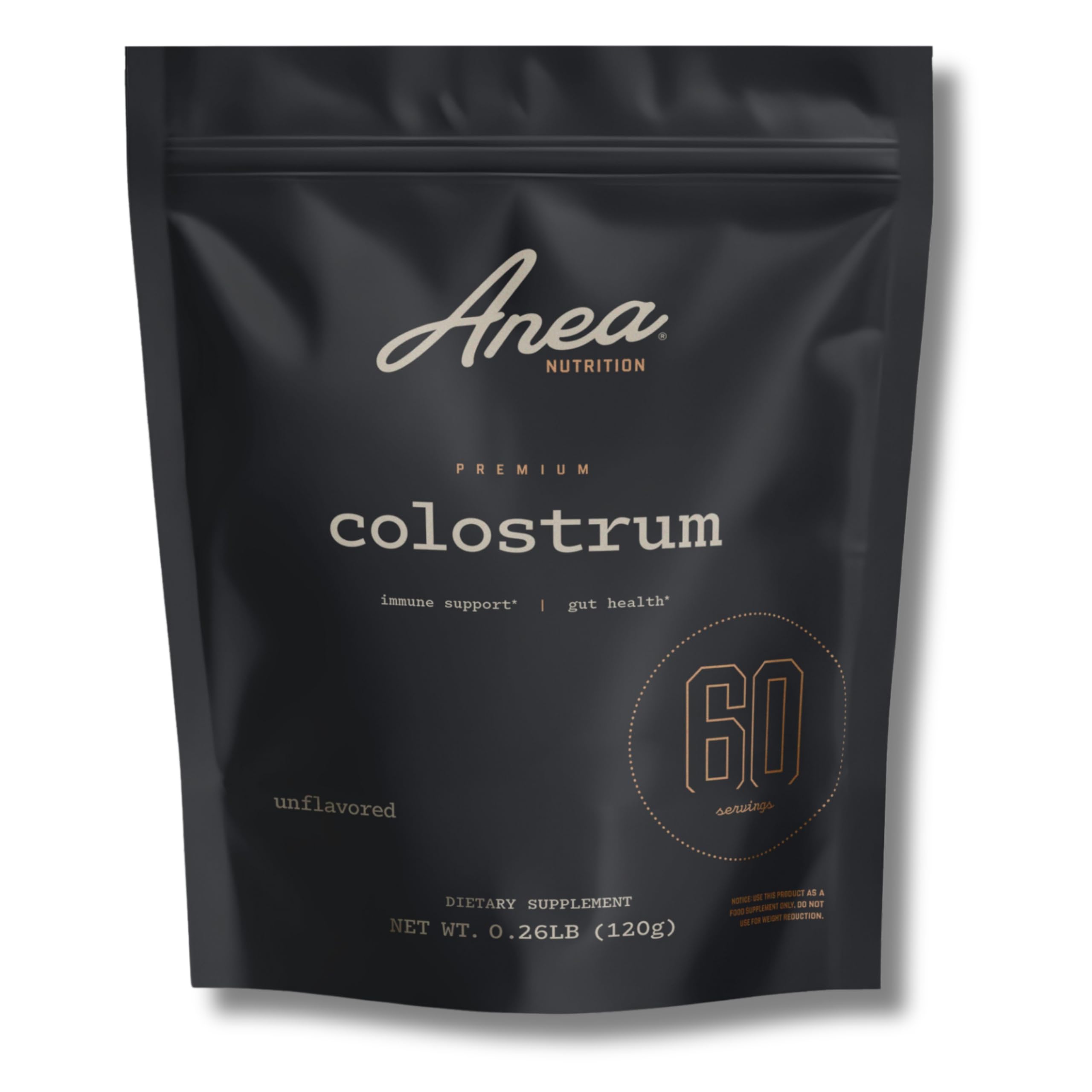 Anea Nutrition Colostrum Unflavored bottle highlights immune support potential.