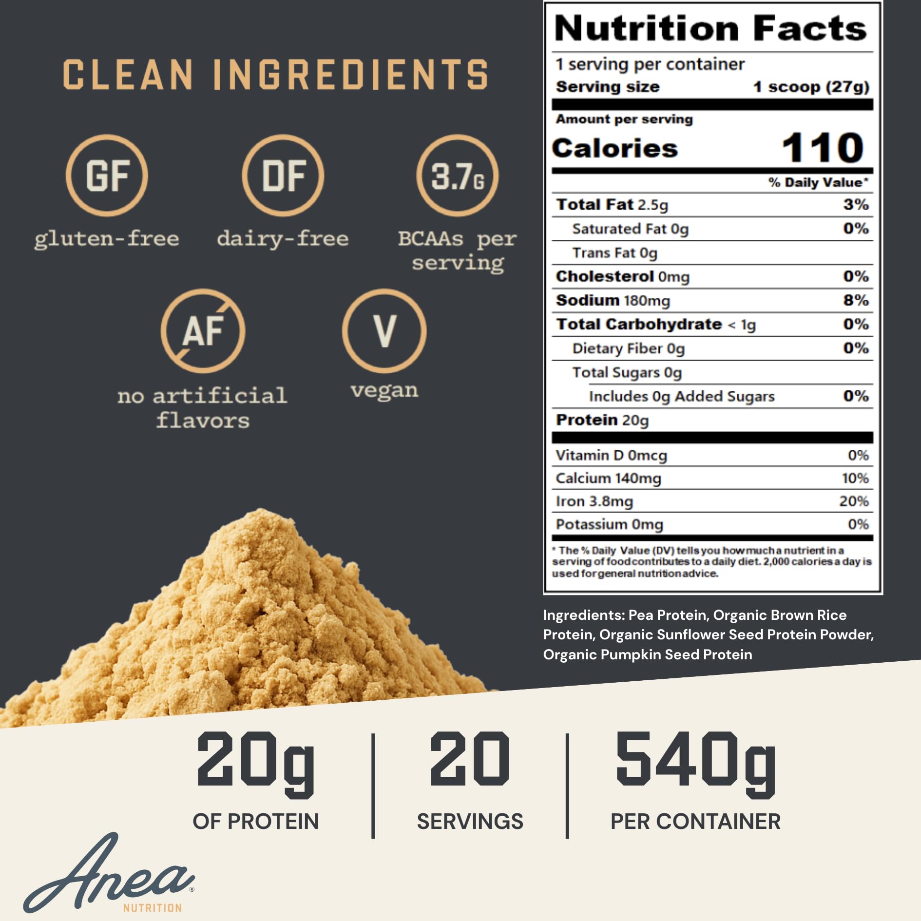 Anea Plant Protein label closeup highlighting clean ingredients.