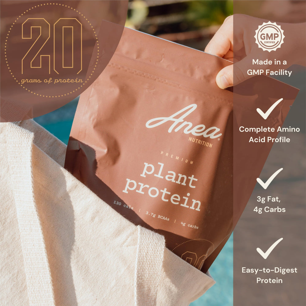 Anea Plant Protein Chocolate powder over a bowl for baking protein treats.