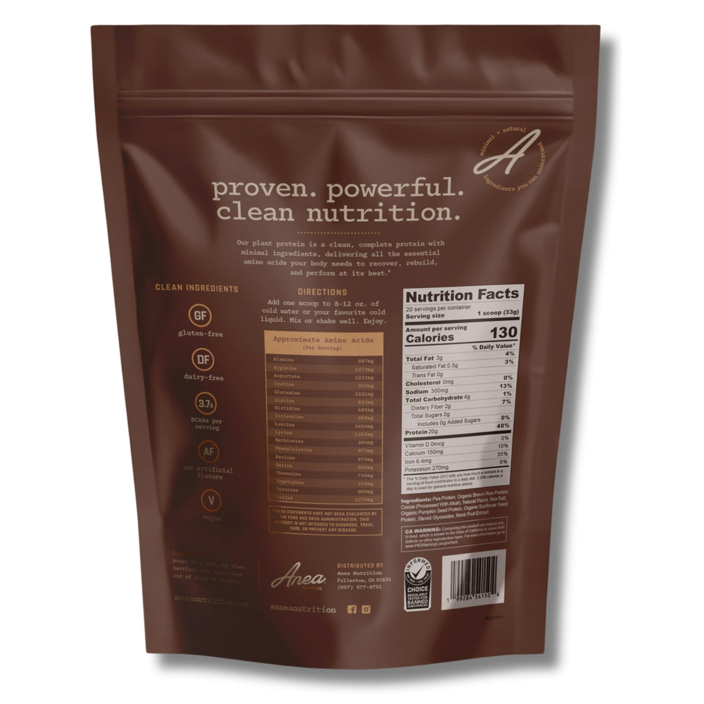 Anea Plant Protein Chocolate scoop beside a glass for a protein shake.