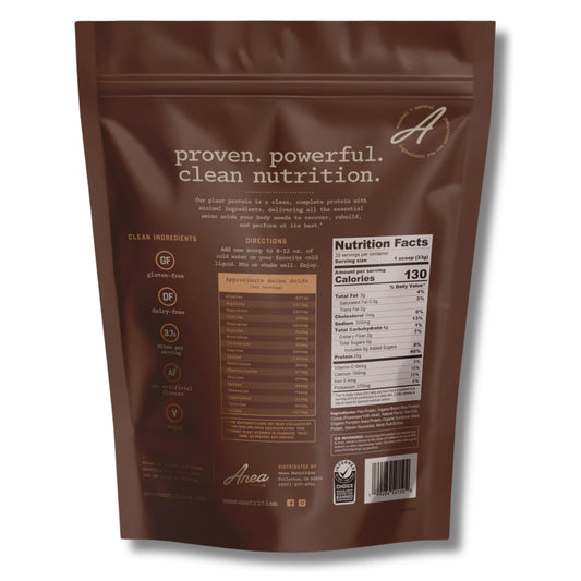 Anea Plant Protein Chocolate scoop beside a glass for a protein shake.