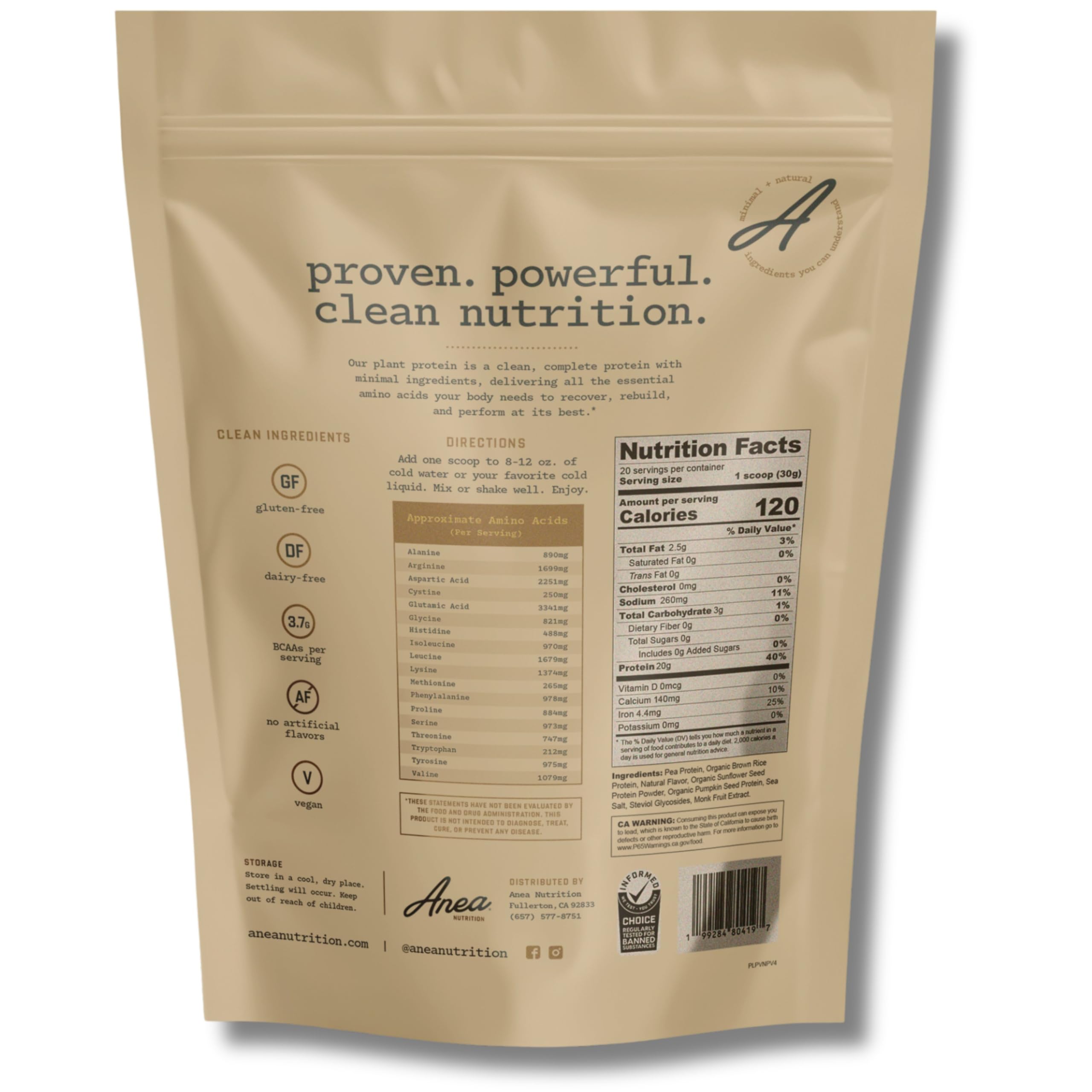 Anea Plant Protein Vanilla tub closeup highlights clean ingredients for daily use