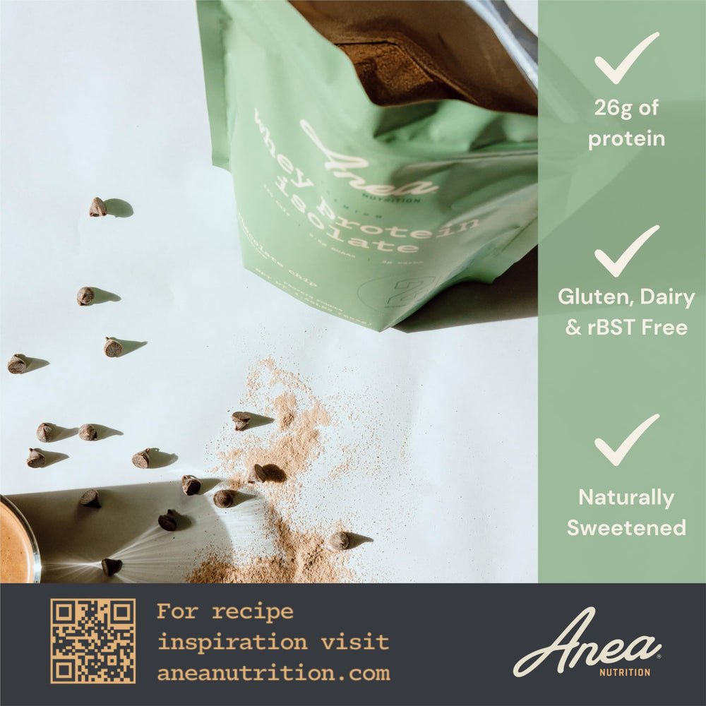 Anea brand bottle of Mint Chocolate Chip whey protein isolate on shelf