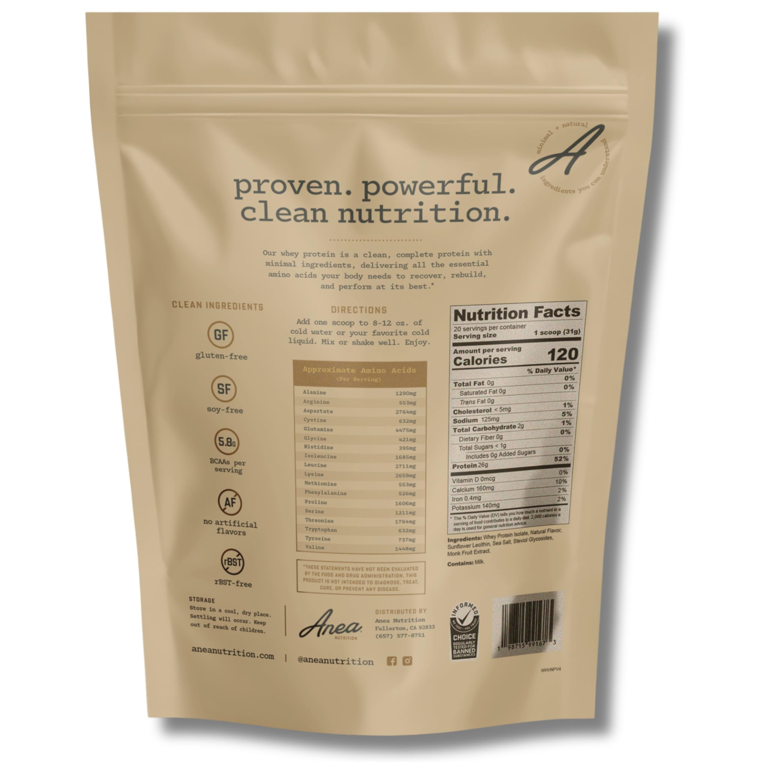 Anea Whey Protein Isolate Vanilla shake in a glass, ready for post-workout refuel.