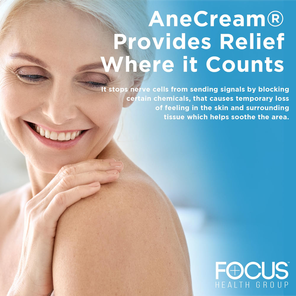 Label detail of AneCream Focus Health highlighting 4% lidocaine and soothing agents.