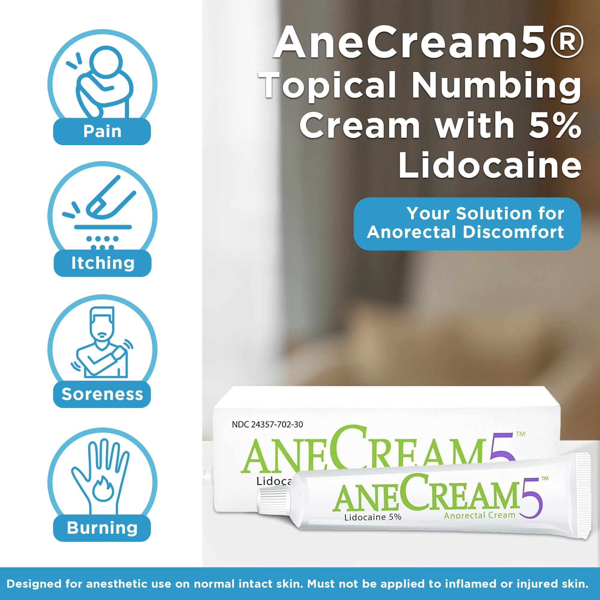 Close-up of AneCream5% lidocaine cream dosage on tube indicating precise application for targeted relief
