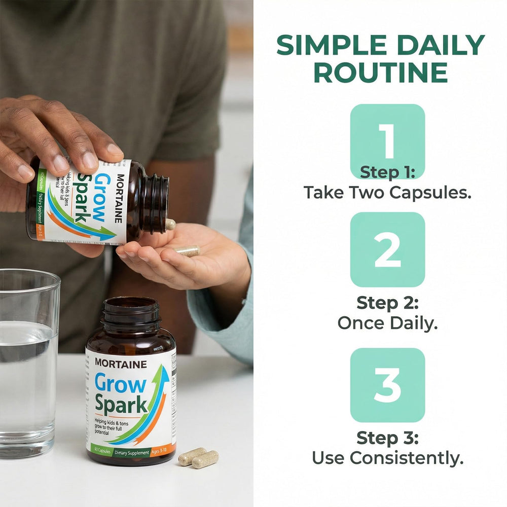ANEFOSE Mortaine Grow Spark bottle beside a glass of water for easy ingestion.