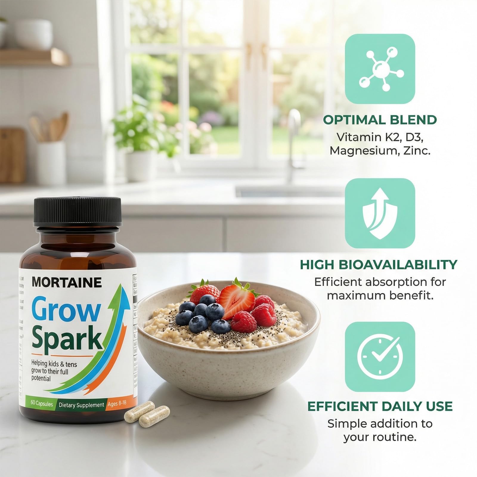 ANEFOSE Mortaine Grow Spark bottle back lists Vitamin K2 MK-7, Magnesium, Zinc benefits.