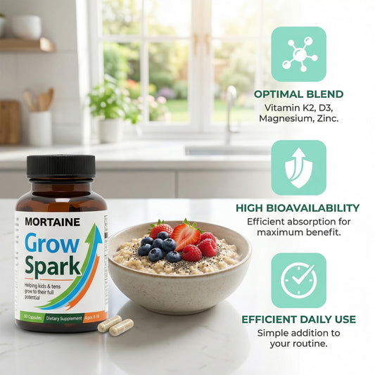 ANEFOSE Mortaine Grow Spark bottle back lists Vitamin K2 MK-7, Magnesium, Zinc benefits.