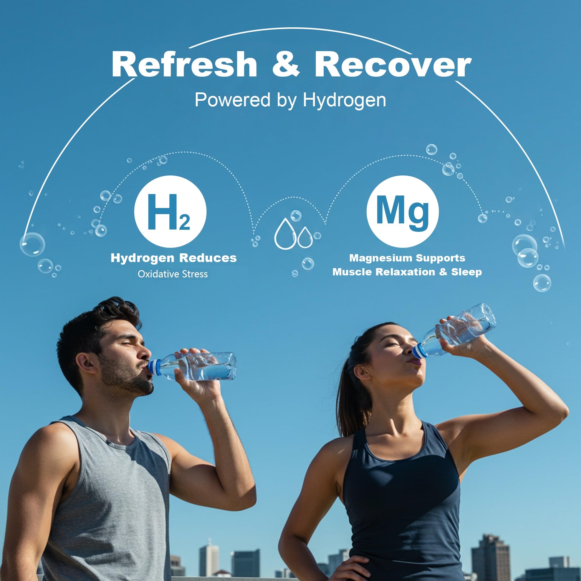 ANEVYRAQ tablets dissolving in water for quick, clean hydrogen hydration.