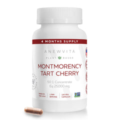 Anew Vita Montmorency Tart Cherry bottle on a countertop suggesting daily recovery support.