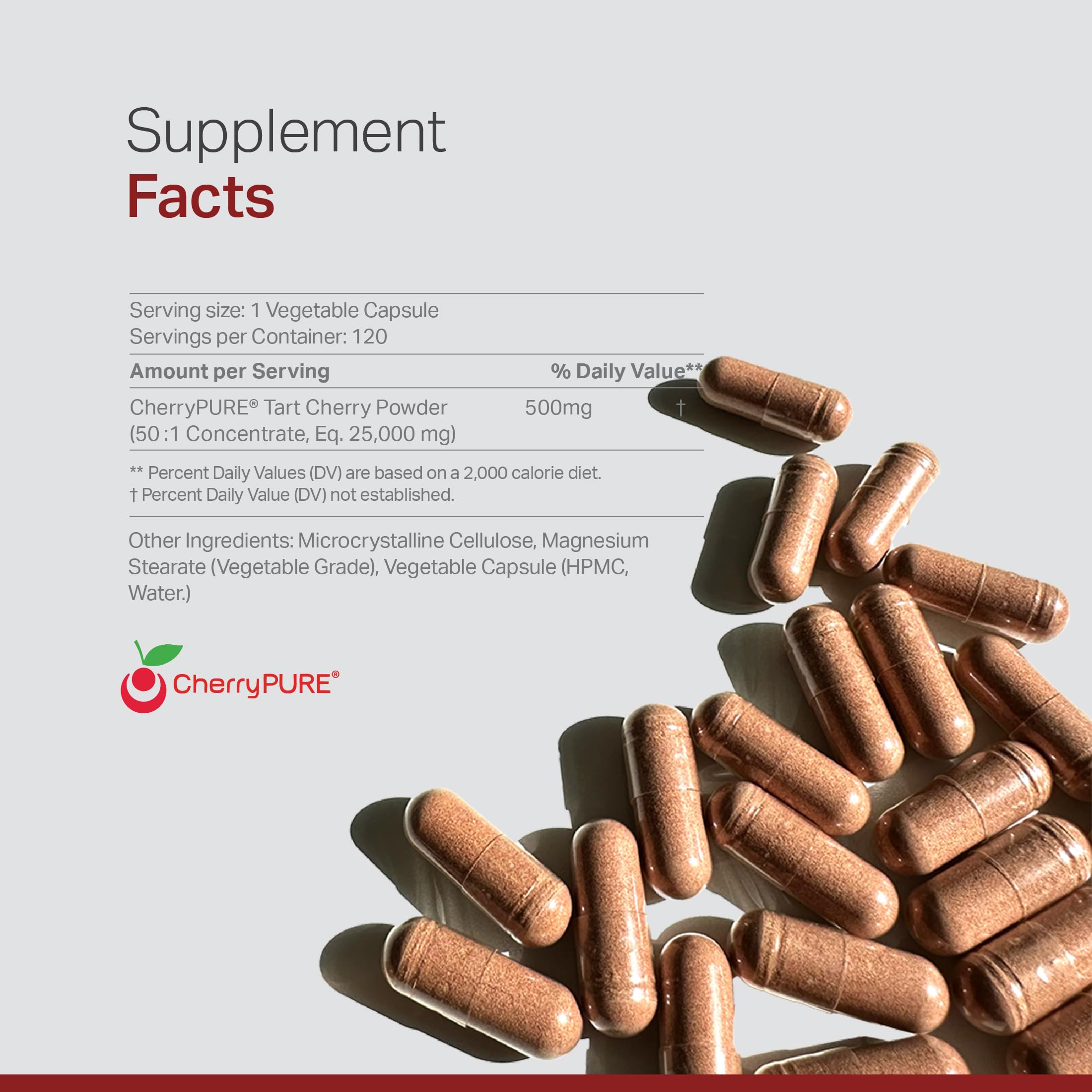 Close-up of Anew Vita Tart Cherry capsules, convenient veggie form for daily use.