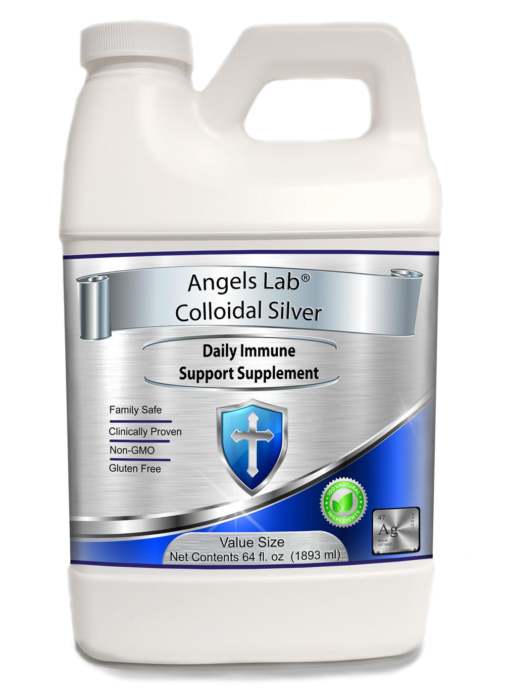 Angels Lab Colloidal Silver bottle with clear liquid for daily use and absorption.