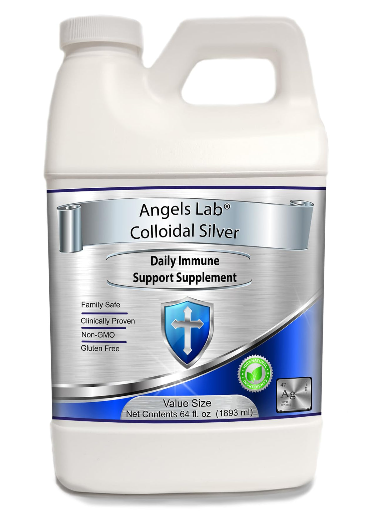 Angels Lab Colloidal Silver bottle with clear liquid for daily use and absorption.