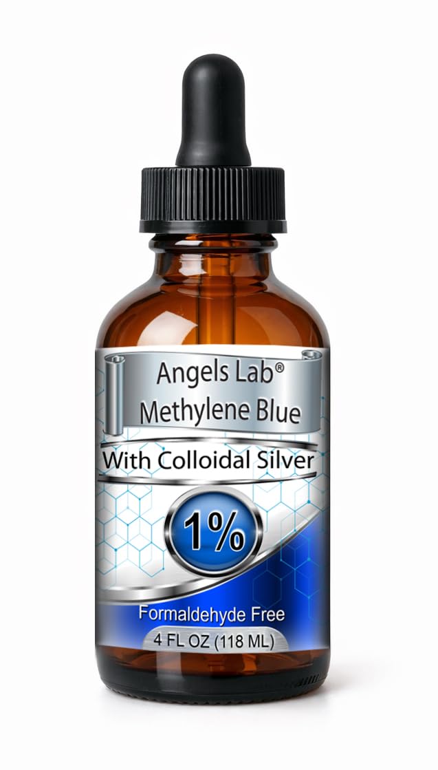 Angels Lab methylene blue with colloidal silver bottle for cognitive support potential.