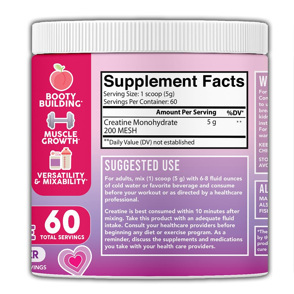 Front view of Better Booty unflavored creatine bottle for daily use