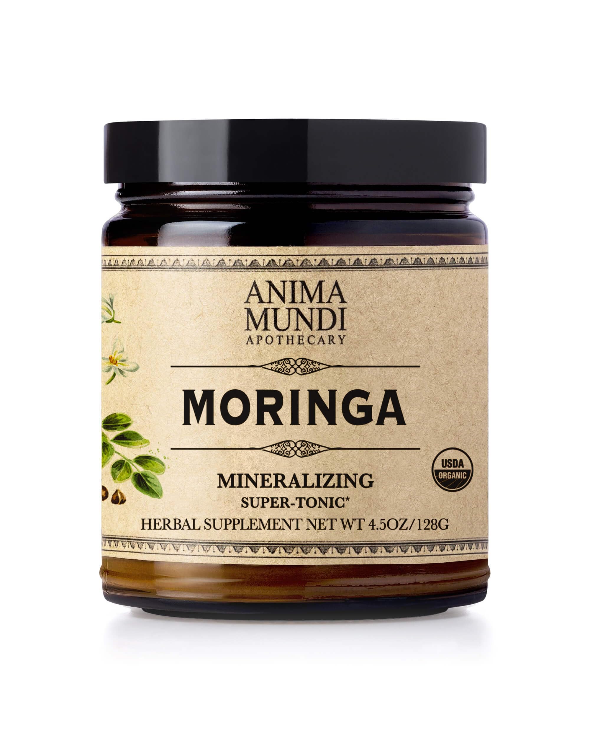 Anima Mundi Moringa Leaf Powder bottle on wood surface signaling natural energy support