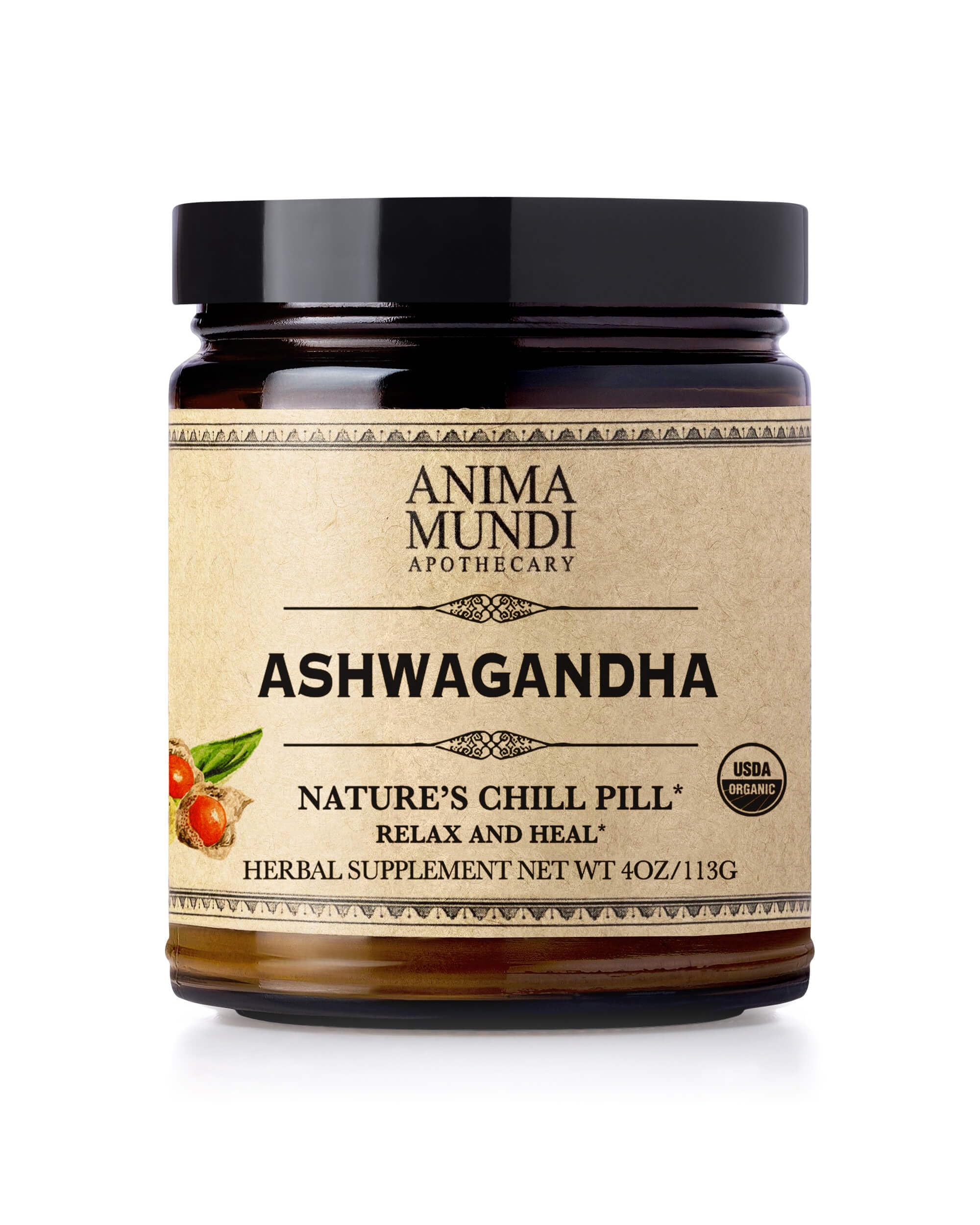 Anima Mundi Ashwagandha powder bottle close-up for calming daily rituals